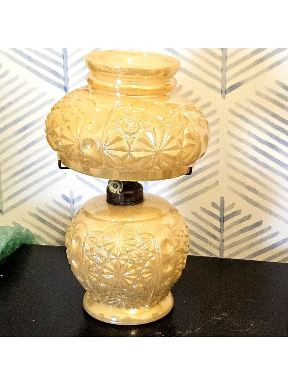 Antique Daisy & Button Miniature Irredescent Milk Glass Floral Embossed Oil Lamp